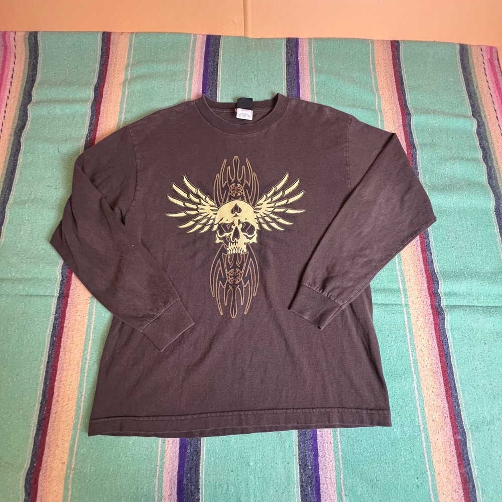 Ruderboyz Long Sleeve Shirt Kids XL Brown Winged Skull Tribal Y2K Skater Tee
